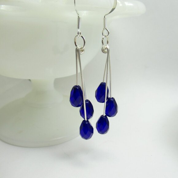 Colbalt blue triple dangle Czech bead earrings - Picture 2 of 9